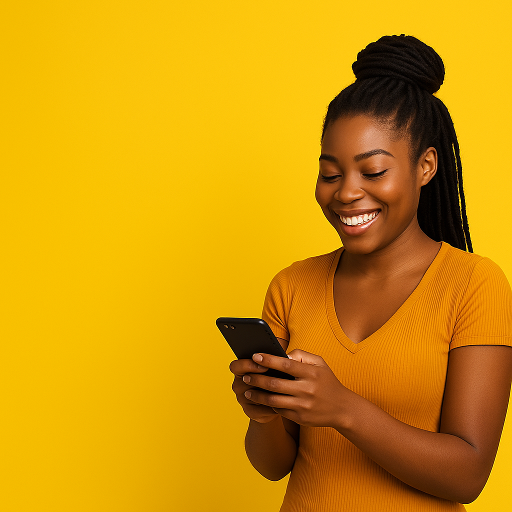 Woman using Tele Kumbu mobile app